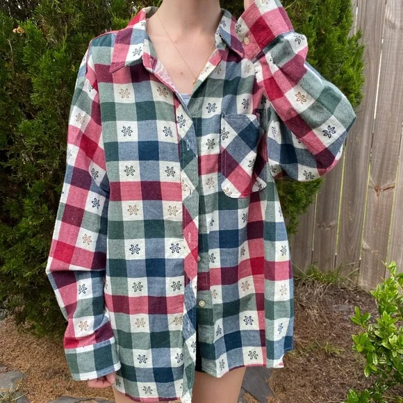 Vintage American Sweetheart Plaid Button-Up Shirt in Red, Green, and White - Picture 2 of 8